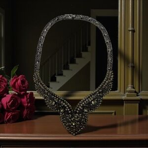 Vintage Signed LDA Intricate Black Beaded Bib Choker Necklace